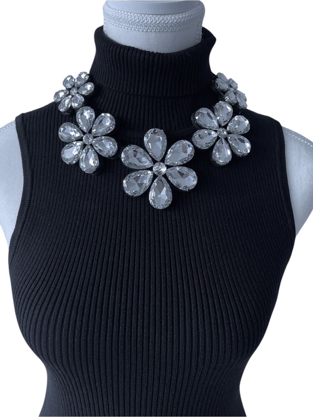 Handmade Clear Crystal Floral Statement Necklace